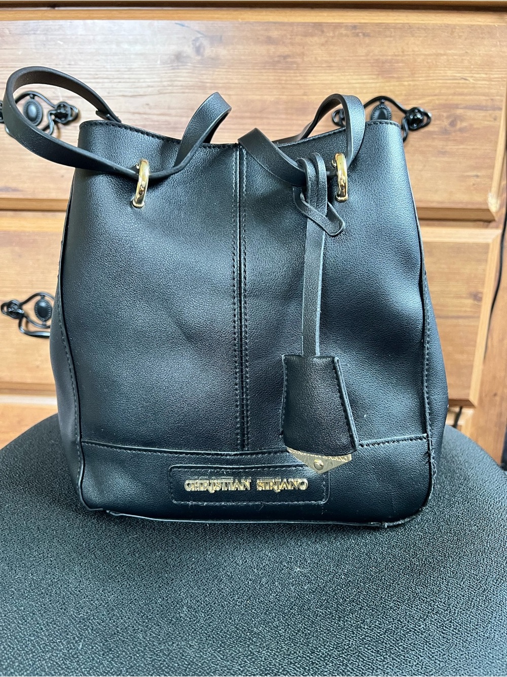 Christian Siriano Black Leather Drawstring Shoulder Bag with Gold Accents